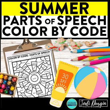 Preview of SUMMER color by code June coloring page PARTS OF SPEECH worksheet