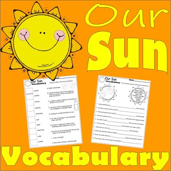 Preview of SUN Summer Theme Vocabulary Words Worksheets Definitions & FIB NO PREP