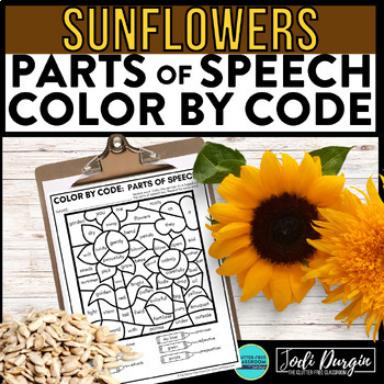 Preview of SUNFLOWERS color by code FALL coloring page PARTS OF SPEECH worksheet autumn