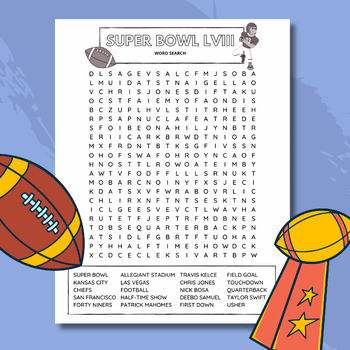 Preview of SUPER BOWL LVIII 2024 Word Search Puzzle | Football Sport Puzzle for All Ages!