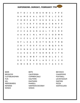 Preview of SUPER BOWL SUNDAY, FEBRUARY 7TH WORD SEARCH