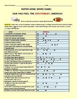 Preview of SUPER BOWL WORD GAME: A FUN TRIVIA CHALLENGE W/ ANSWER KEY