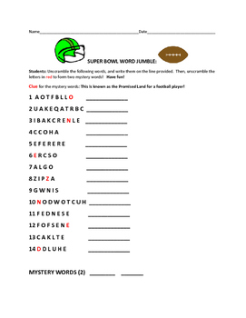 Preview of SUPER BOWL WORD JUMBLE ACTIVITY!  W/ MYSTERY WORDS/HAVE FUN!