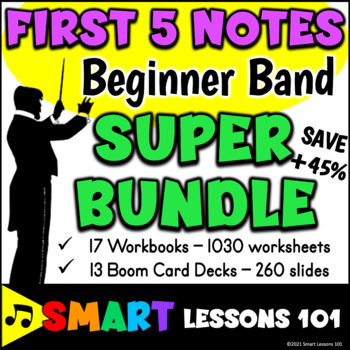 Preview of SUPER BUNDLE Beginner Band FIRST FIVE NOTES Worksheets and Boom Cards