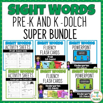 Preview of Pre-K and Kindergarten Activity Worksheets, PowerPoint, Flash Cards Bundle Dolch