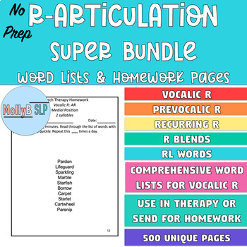 Preview of SUPER BUNDLE: R Articulation Word Lists for Homework and Speech Therapy
