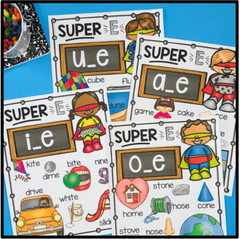 Preview of SUPER E Anchor Charts Posters CVCe Long Vowel Worksheets Phonics Silent E
