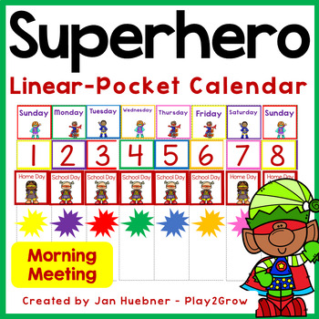 Preview of SUPER HERO LINEAR or Pocket CALENDAR with Letters Numbers Shapes