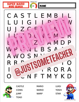 Preview of SUPER MARIO! Word Search Printable (DIFFICULTY=EASY)!  PDF+EASEL!