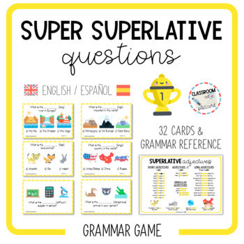 Preview of SUPER SUPERLATIVE QUESTIONS - speaking cards [English & Spanish]