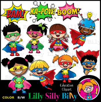 Preview of SUPERHERO! - B/W & Color clipart illustration {Lilly Silly Billy}
