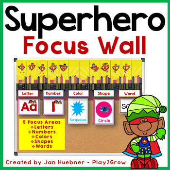 Preview of SUPERHERO MORNING MEETING Focus Wall Alphabet Numbers Colors Shapes
