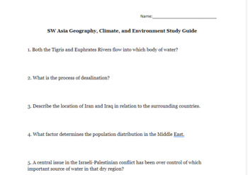 Preview of SW Asia Geography, Climate, and Environment Study Guide