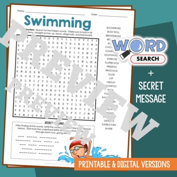 Preview of SWIMMING Word Search Puzzle Activity Vocabulary Worksheet Secret Message