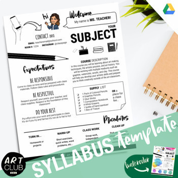Preview of SYLLABUS Template | Any Subject | Editable! Black and White + Watercolor Version