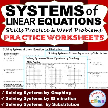 Preview of SYSTEMS OF LINEAR EQUATIONS Homework Worksheets: Skills Practice & Word Problems
