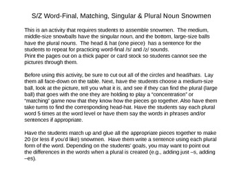 Preview of S/Z Word-Final, Matching, Singular & Plural Snowmen