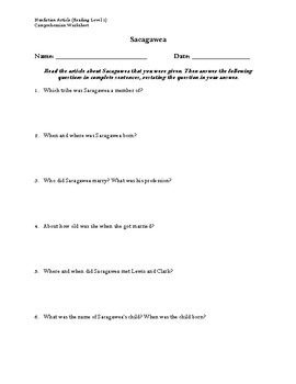 Preview of Sacagawea Article (Reading Level 1) Comprehension Worksheet