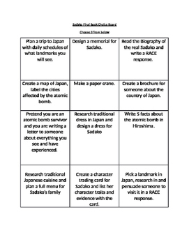 Preview of Sadako and The Thousand Paper Cranes Choice Board