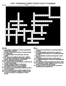 Sadlier Oxford Vocabulary Level B Unit 2 Crossword