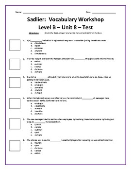 Sadlier Vocabulary: Level B - Unit 8 Test w/ Answer Key by Morris Smeader