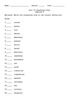 Preview of Sadlier Vocabulary Workshop Level C Unit 10 Test