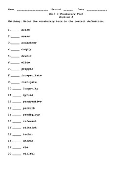 Preview of Sadlier Vocabulary Workshop Level C Unit 3 Test