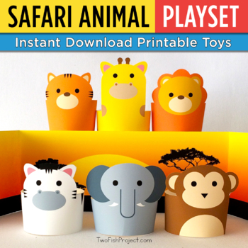 Preview of Safari Animal 3D Paper Toys Playset, Printable Safari Puppet Craftivity
