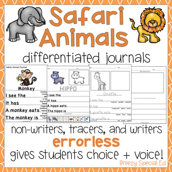 Safari Animals Differentiated Journal Writing for Special Education #homepacket