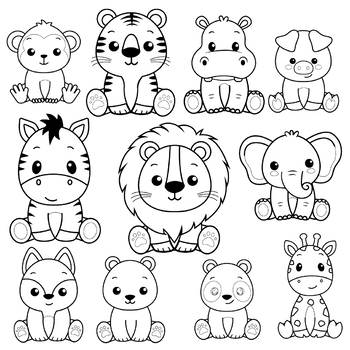 Safari Animals Digital Stamp Clipart, Coloring Pages, SVG, EPS, PNG