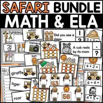 Preview of Safari Day Activities Worksheets Sort Animal Math & ELA 1st Grade End of Year
