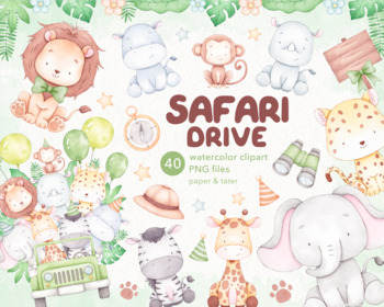 Preview of Safari Drive Watercolor Baby Animals Clipart, African Wild Animal PNG