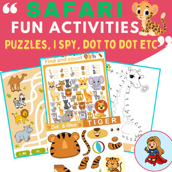 Preview of Safari Kindergarten Fun Activities (Craft, coloring, puzzles etc) wild animals