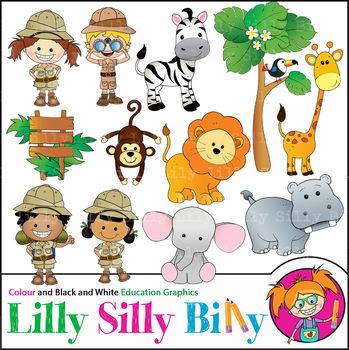 Preview of Safari Learning. Clipart. BLACK AND WHITE & Color Bundle. {Lilly Silly Billy}
