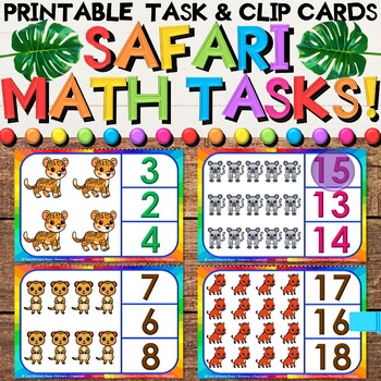 Preview of Safari Math Task Cards & Summer Animal Clip Cards for Counting Objects to 20