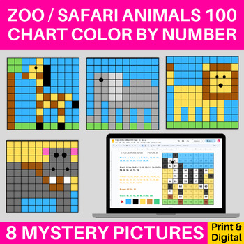 Preview of Safari / Zoo Animals Hundred 100 Chart Mystery Pictures Digital & Print
