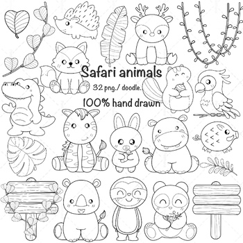Preview of Safari animals black and white clipart, safari animals doodle