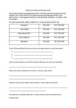 Preview of Safe and Secure Password Activity Sheet