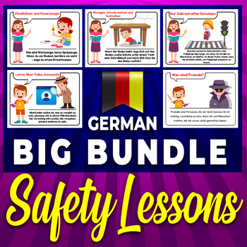 Preview of Safety Lessons in German, Fire, Earthquake, road, social media, Stranger Danger