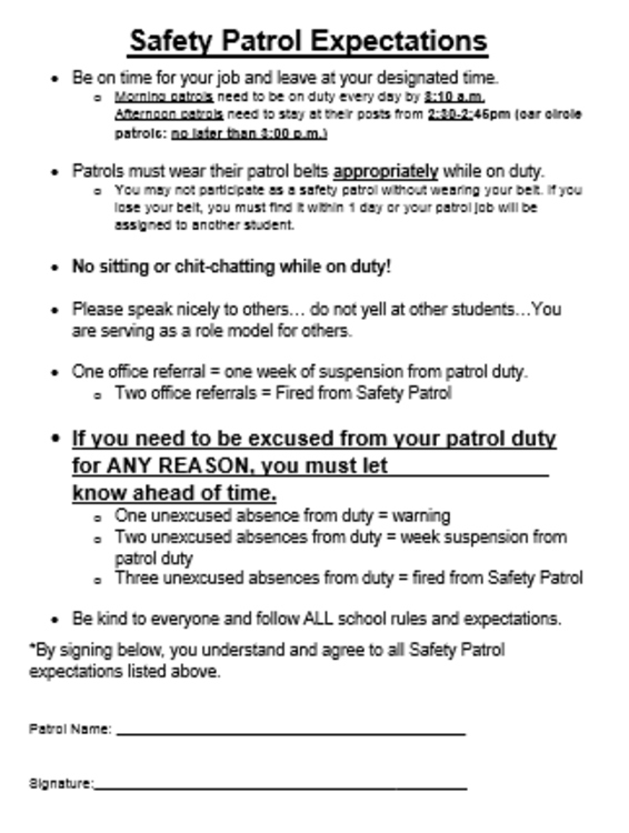 Safety Patrol Expectations Contract by TexasToFlorida TpT