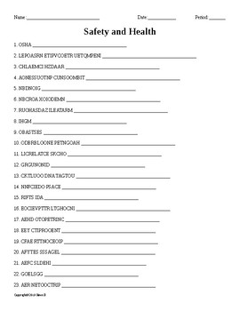 Safety And Health Vocabulary Word Scramble For An Agriculture Mechanics Course