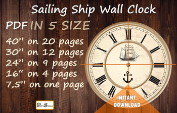 Preview of Sailing Ship Wall Clock, Printable Wall decal, Telling the time, Large sticker