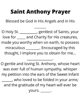 Preview of Saint Anthony Prayer Fill in the Blank