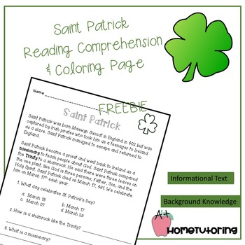 Preview of Saint Patrick Reading Comprehension & Coloring Page FREEBIE