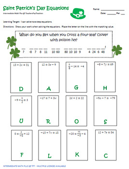 Preview of Saint Patrick's Day Equations - Math PDF