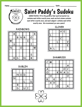 Saint Patrick S Day Freebie Easy Sudoku Worksheet By Puzzles To Print