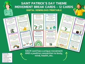 Preview of Saint Patrick's Day Movement Break Cards, Set of 12,  Class Activity/Game, Gym