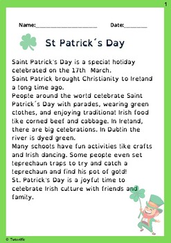 Preview of Saint Patrick´s Day Reading Comprehension