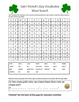 Preview of Saint Patrick's Day Word Search + Riddle + Vocabulary Activities + Answers