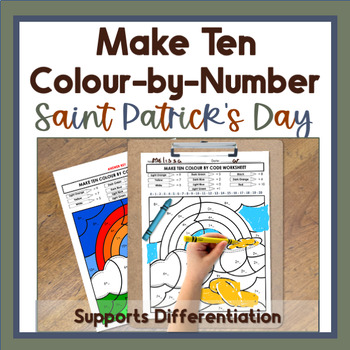 Preview of Saint Patrick’s Make Ten Math Fluency Practice with Color-by-Number Worksheets